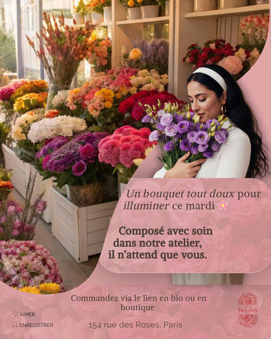 Publication Instagram esthétique réalisée pour une boutique florale afin de promouvoir ses créations et son identité visuelle.