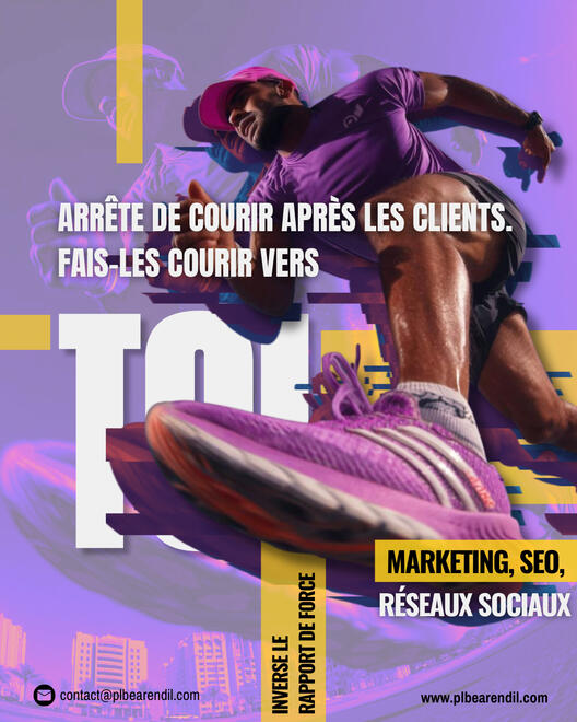 Arrête de courir après les clients Visuel marketing percutant sur la prospection digitale et l’acquisition client pour réseaux sociaux et stratégie de contenu Instagram.
