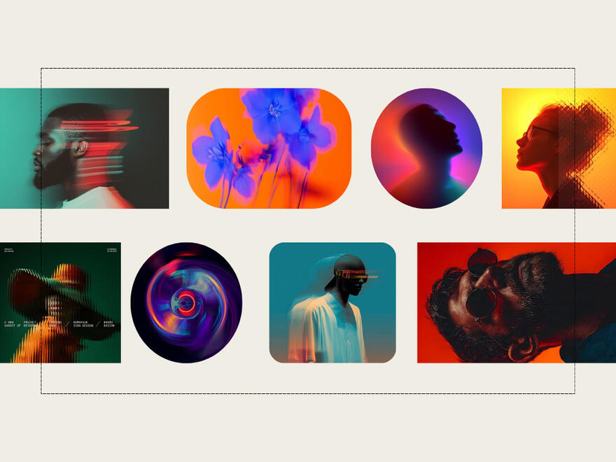 Moodboard créatif avec visuels artistiques et branding moderne réalisé pour une stratégie de communication digitale haut de gamme.